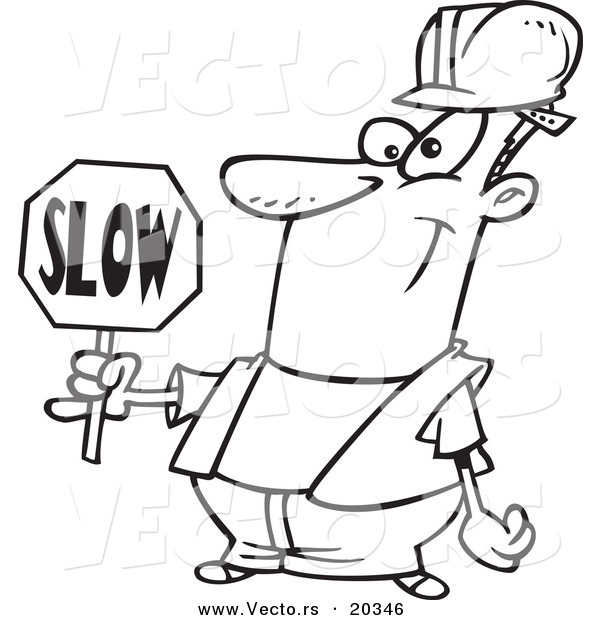 Vector of a Cartoon Construction Worker Slowing down Traffic - Coloring Page Outline