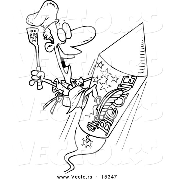 Vector of a Cartoon Cook on a Fourth of July Rocket - Coloring Page Outline