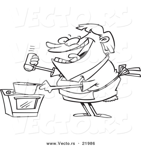 Vector of a Cartoon Cooking Woman Seasoning with Salt - Outlined Coloring Page
