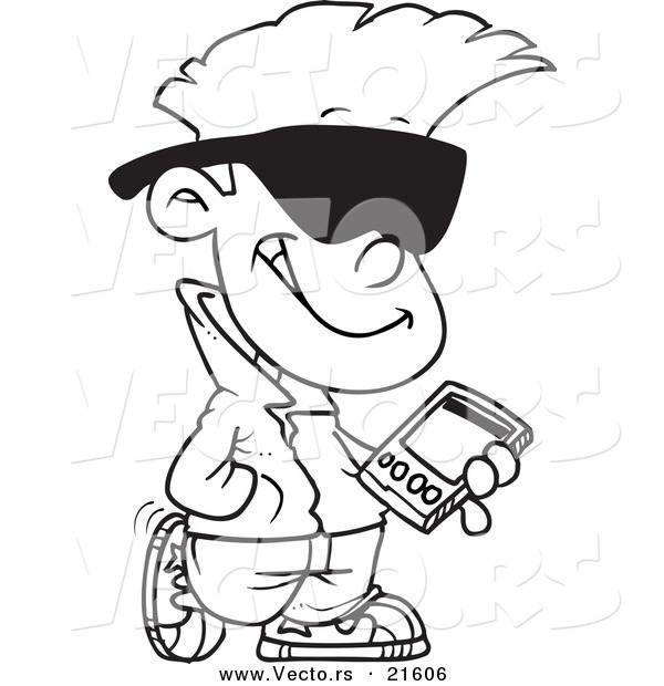 Vector of a Cartoon Cool Kid Carrying a Smart Phone - Outlined Coloring Page