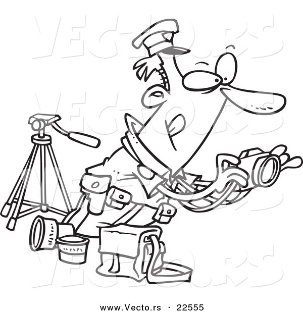 Vector of a Cartoon Cop Taking Photos - Coloring Page Outline