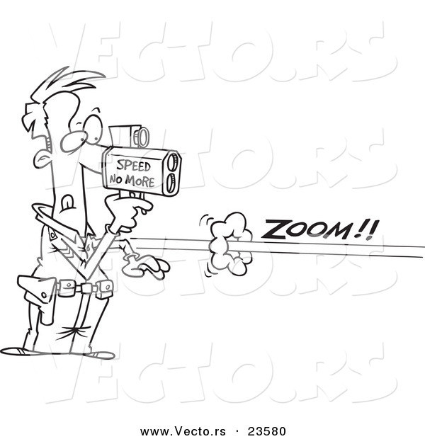 Vector of a Cartoon Cop Using a Speed Gun on a Speeder - Coloring Page Outline