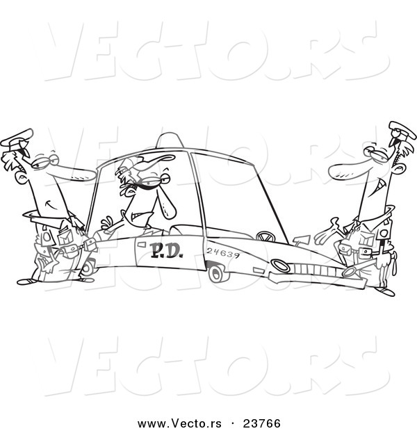 Vector of a Cartoon Cops with a Robber in a Squad Car - Coloring Page Outline