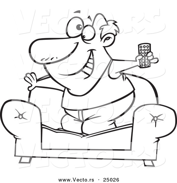 Vector of a Cartoon Couch Surfer Guy Standing on His Sofa with a TV Remote Control - Outlined Coloring Page