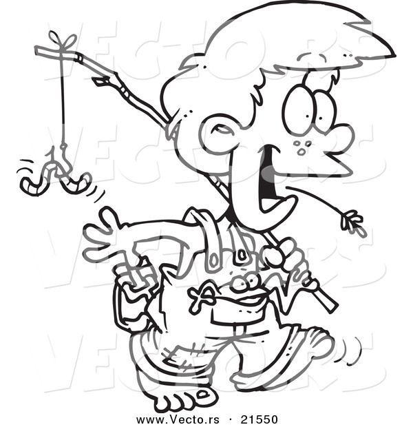 Vector of a Cartoon Country Boy Carrying a Fishing Pole - Outlined Coloring Page