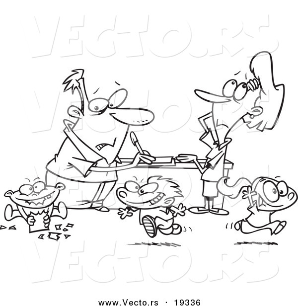 Vector of a Cartoon Couple Distracted by Their Children - Outlined Coloring Page