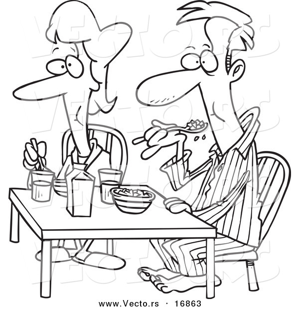 Vector of a Cartoon Couple Eating Breakfast Together - Coloring Page Outline