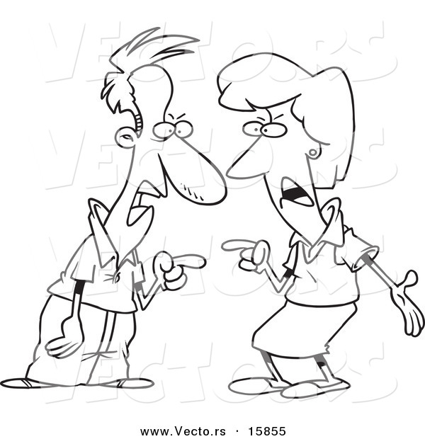 Vector of a Cartoon Couple Engaged in an Argument - Outlined Coloring Page Drawing