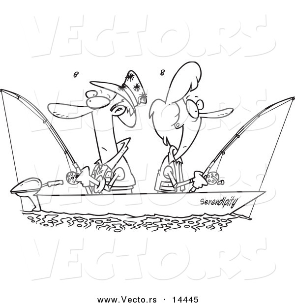 Vector of a Cartoon Couple Fishing Together in a Boat - Coloring Page Outline