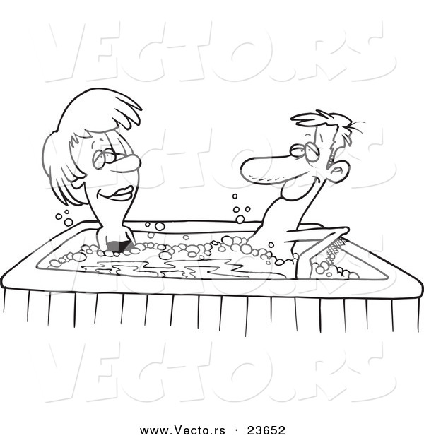 Vector of a Cartoon Couple in a Hot Tub - Coloring Page Outline