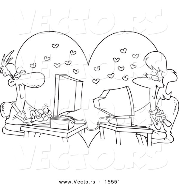 Vector of a Cartoon Couple Meeting Online - Coloring Page Outline