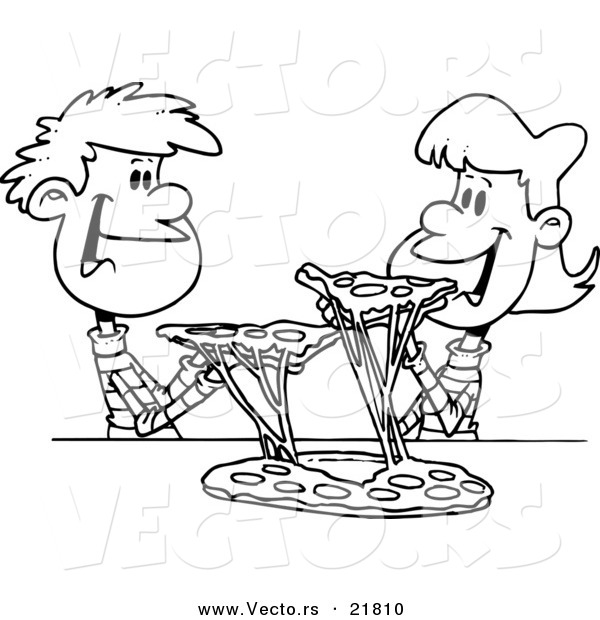 Vector of a Cartoon Couple of Kids Sharing Pizza - Outlined Coloring Page