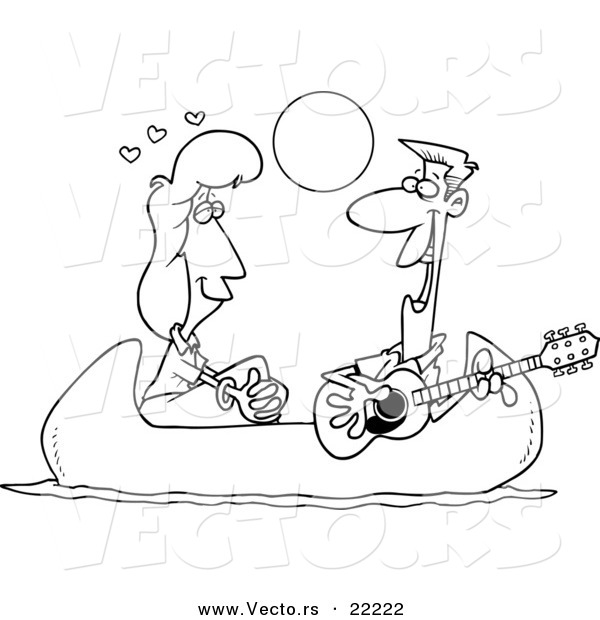 Vector of a Cartoon Couple on a Romantic Date in a Canoe - Outlined Coloring Page