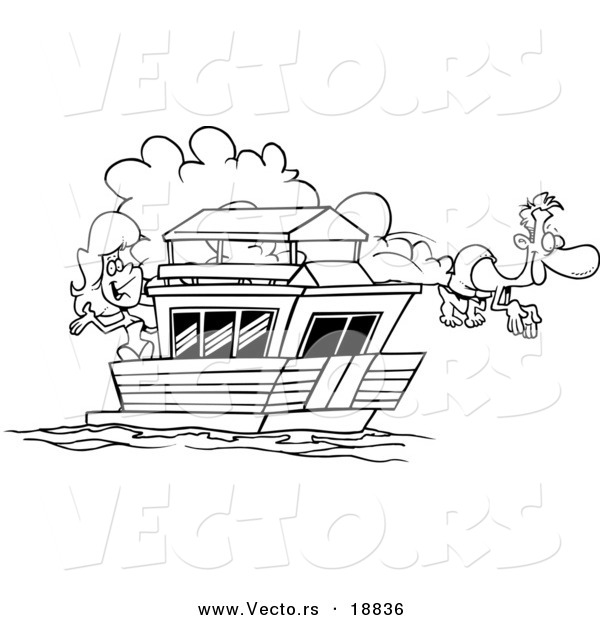 Vector of a Cartoon Couple on Their House Boat - Outlined Coloring Page