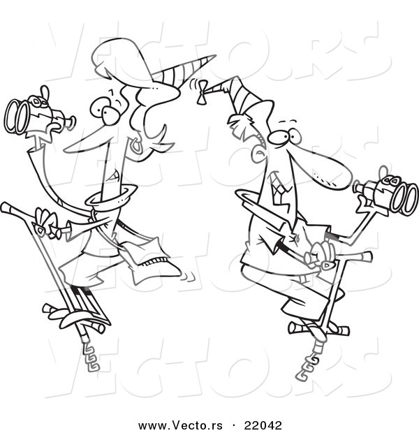 Vector of a Cartoon Couple Patrolling on Pogo Sticks - Outlined Coloring Page