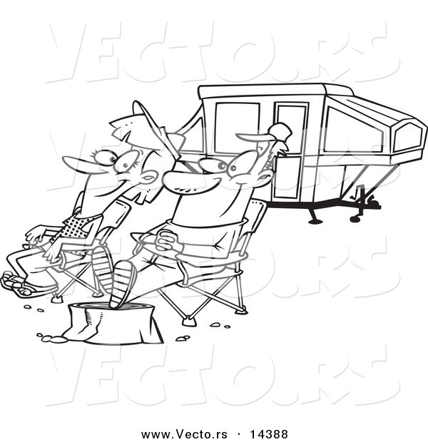 Vector of a Cartoon Couple Relaxing at a Campsite near Their Tent Trailer - Coloring Page Outline