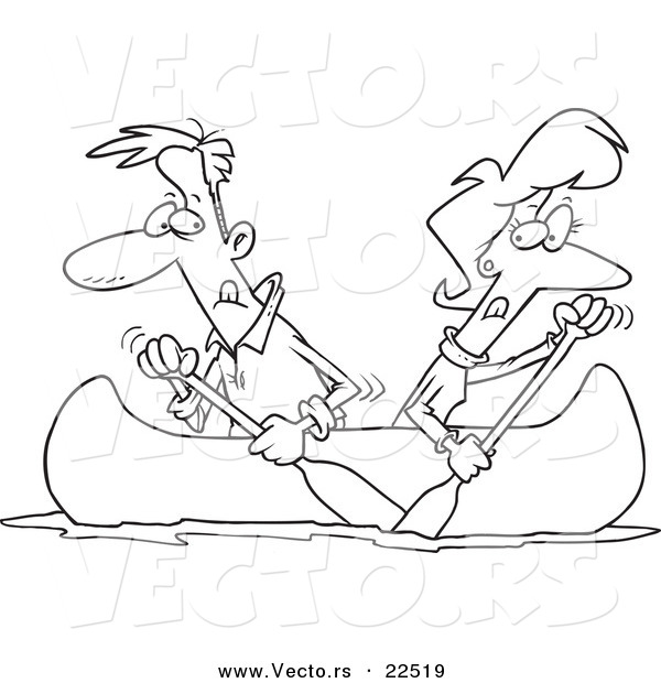 Vector of a Cartoon Couple Rowing a Canoe in Opposite Directions - Coloring Page Outline