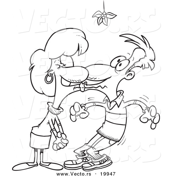 Vector of a Cartoon Couple Smooching Under Mistletoe - Outlined Coloring Page