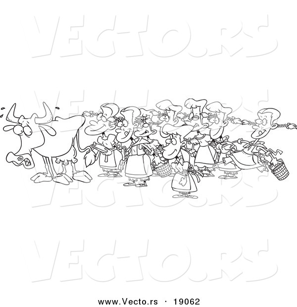 Vector of a Cartoon Cow with Eight Milking Maids - Outlined Coloring Page