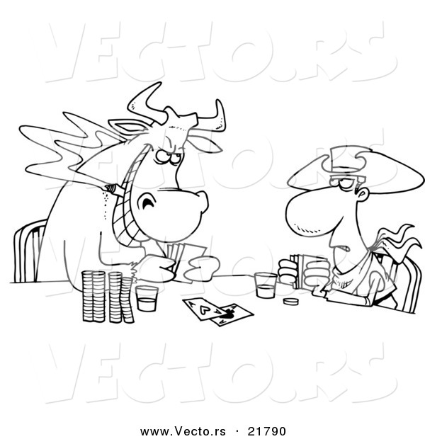 Vector of a Cartoon Cowboy and Bull Playing Poker - Outlined Coloring Page