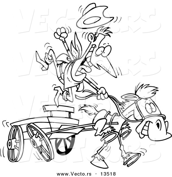 Vector of a Cartoon Cowboy and Fast Horse with a Wagon - Coloring Page Outline