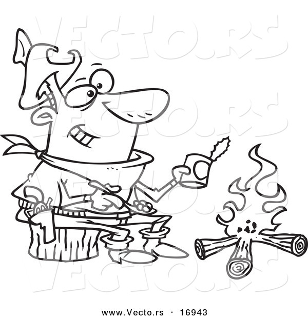 Vector of a Cartoon Cowboy Baking Beans over a Camp Fire - Coloring Page Outline