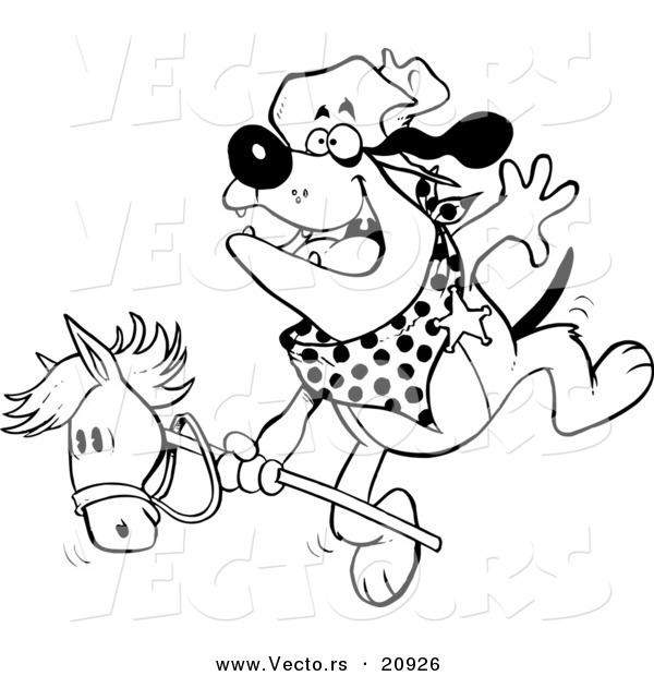 Vector of a Cartoon Cowboy Bulldog Riding a Stick Pony - Coloring Page Outline