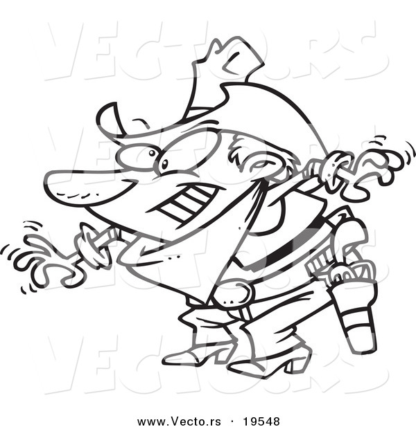 Vector of a Cartoon Cowboy Drawing His Guns - Outlined Coloring Page