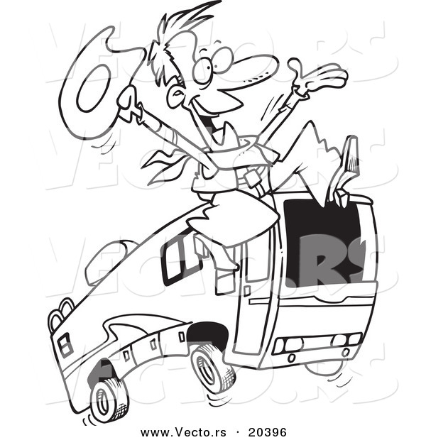 Vector of a Cartoon Cowboy Leaping by a Motorhome - Coloring Page Outline