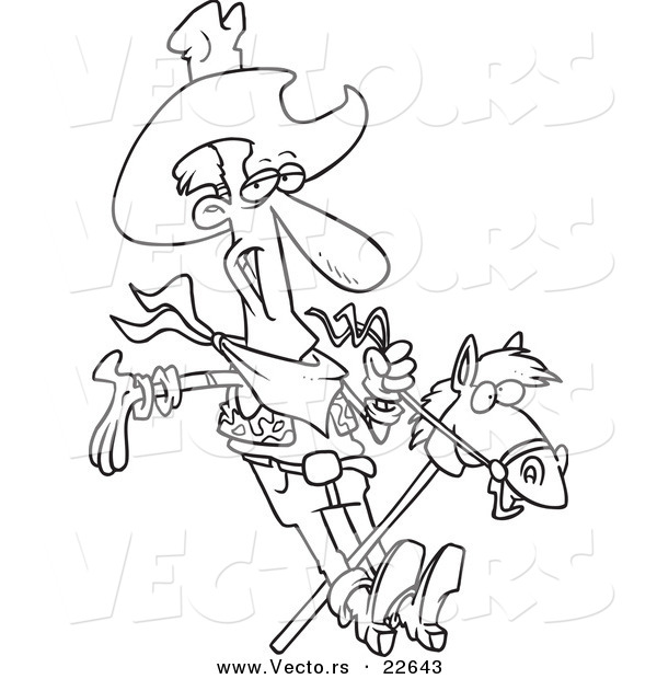 Vector of a Cartoon Cowboy on a Stick Pony - Coloring Page Outline