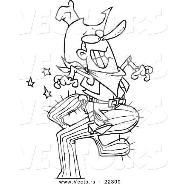 Vector of a Cartoon Cowboy Riding a Cactus - Coloring Page Outline