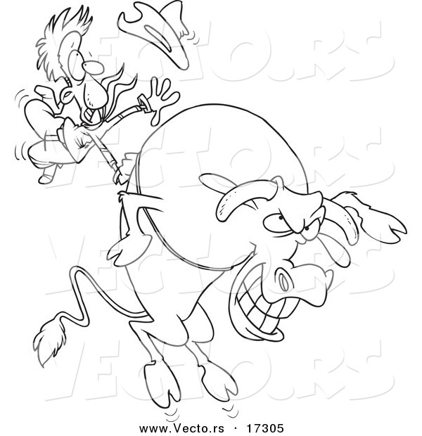 Vector of a Cartoon Cowboy Riding a Giant Bull - Coloring Page Outline