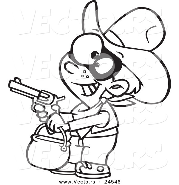 Vector of a Cartoon Cowboy Trick or Treater Holding His Gun out - Outlined Coloring Page