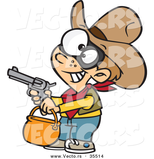 Vector of a Cartoon Cowboy Trick-Or-Treater Pointing a Gun While Grinning on Halloween