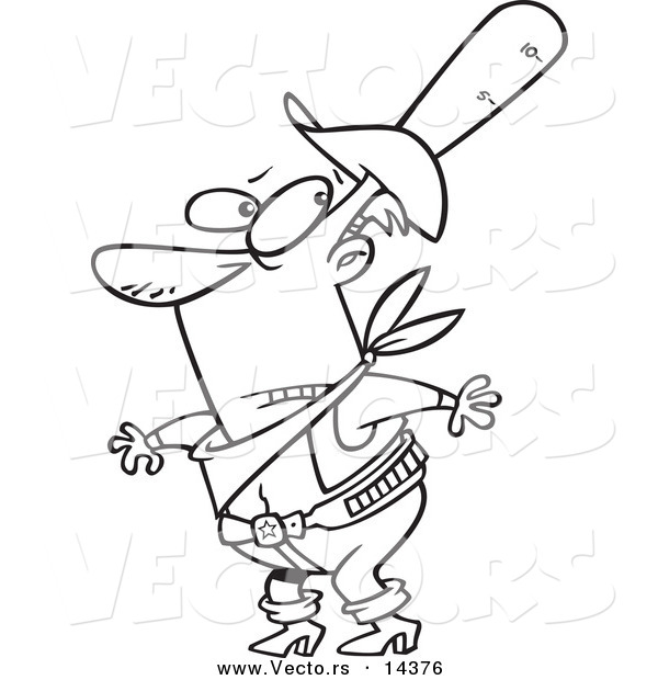 Vector of a Cartoon Cowboy Wearing a Tall Ten Gallon Hat - Coloring Page Outline
