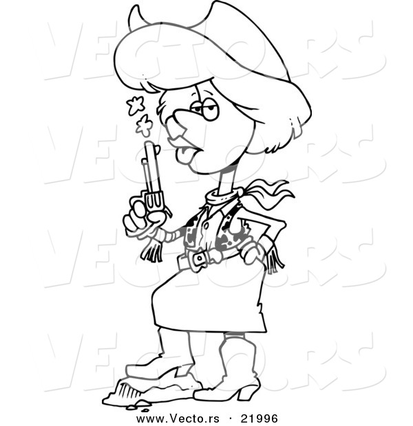 Vector of a Cartoon Cowgirl Blowing on a Smoking Gun - Outlined Coloring Page