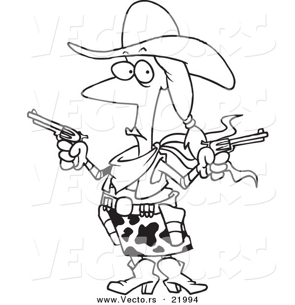 Vector of a Cartoon Cowgirl Holding Guns - Outlined Coloring Page