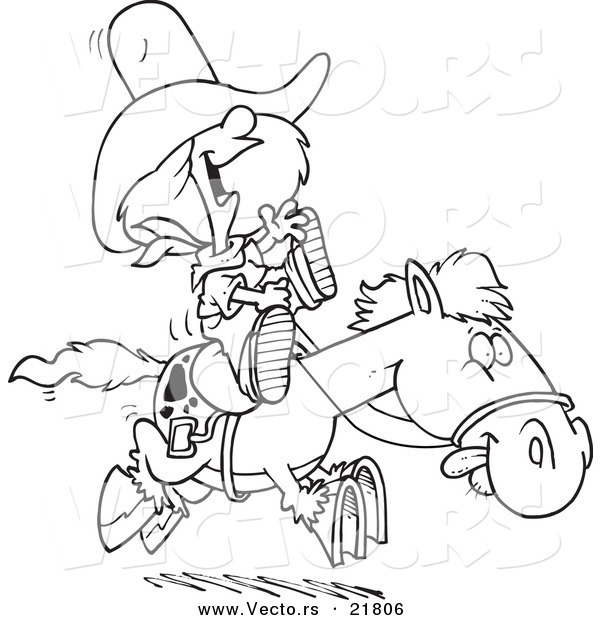 Vector of a Cartoon Cowgirl Riding a Pony - Outlined Coloring Page