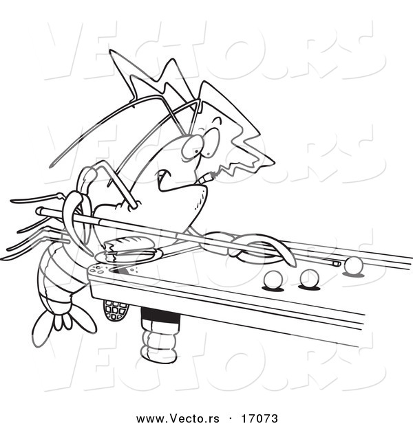 Vector of a Cartoon Crawdad Leaning over a Billiards Table - Coloring Page Outline