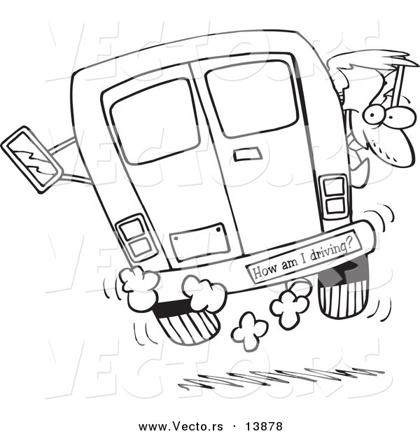Vector of a Cartoon Crazy Driver with a How Am I Driving Bumper Sticker - Coloring Page Outline