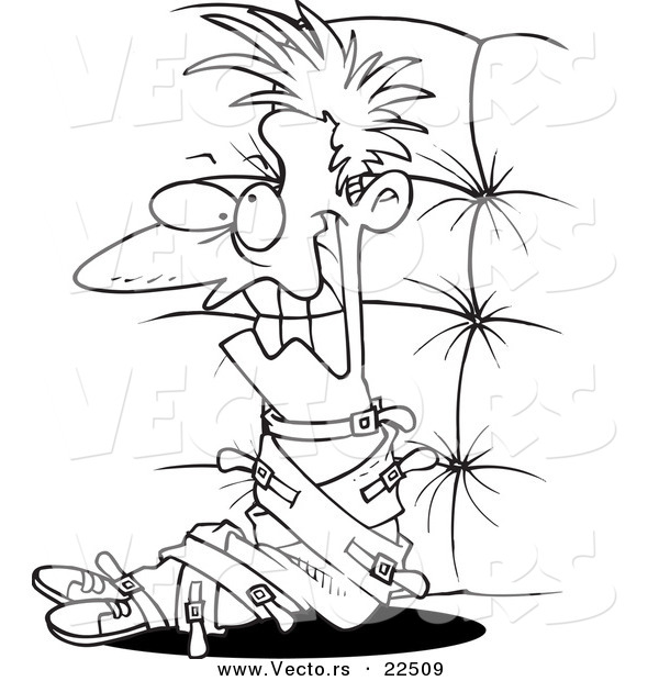Vector of a Cartoon Crazy Man in a Padded Room - Coloring Page Outline