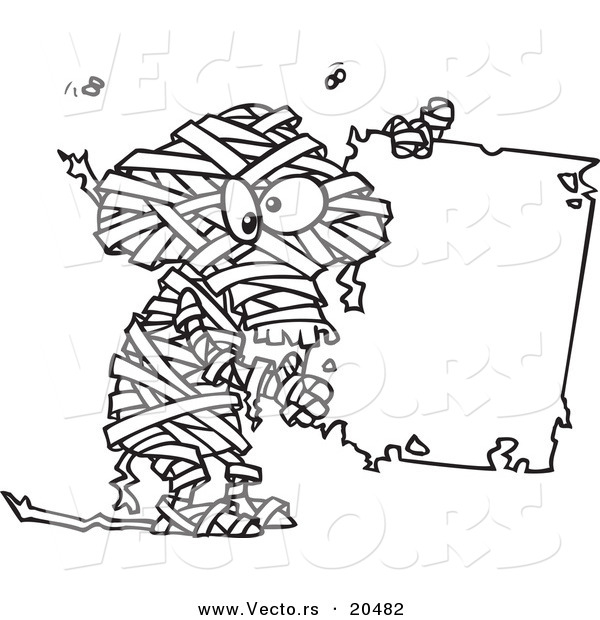 Vector of a Cartoon Creepy Mummy Holding a Blank Sign - Coloring Page Outline