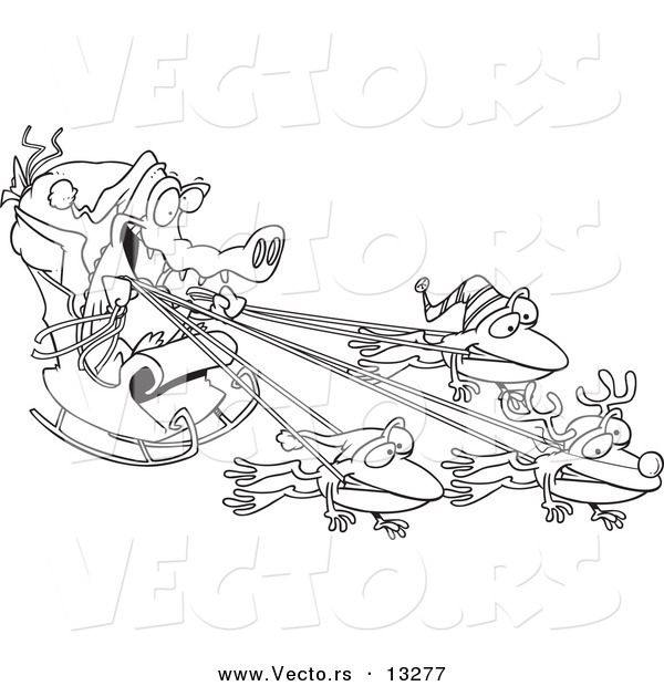 Vector of a Cartoon Crocodile Santa with Frog Reindeer - Coloring Page Outline