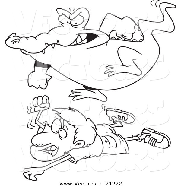 Vector of a Cartoon Crocodile Stomping on a Hunter - Coloring Page Outline