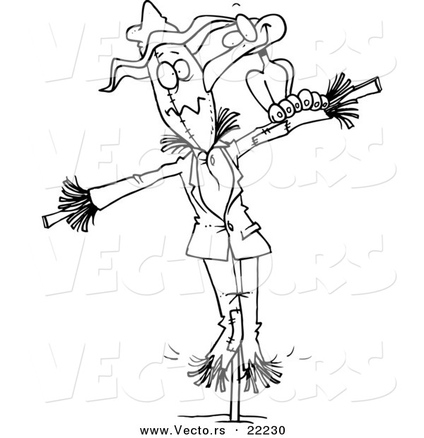 Vector of a Cartoon Crow on a Scarecrow - Outlined Coloring Page