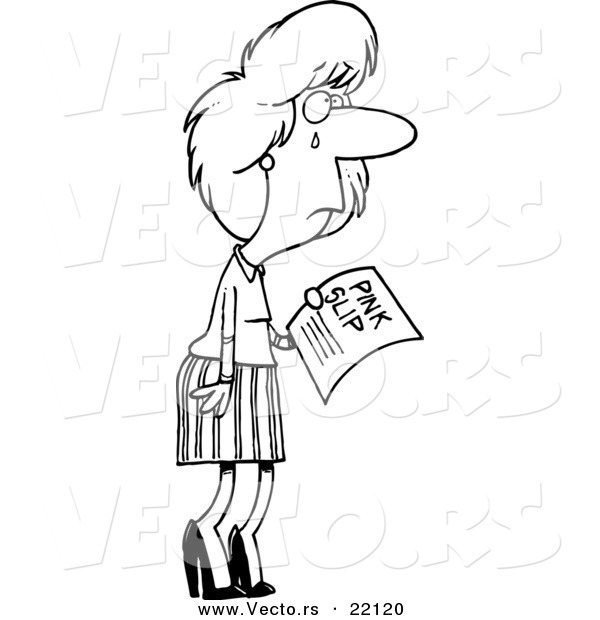 Vector of a Cartoon Crying Businesswoman Holding a Pink Slip - Outlined Coloring Page