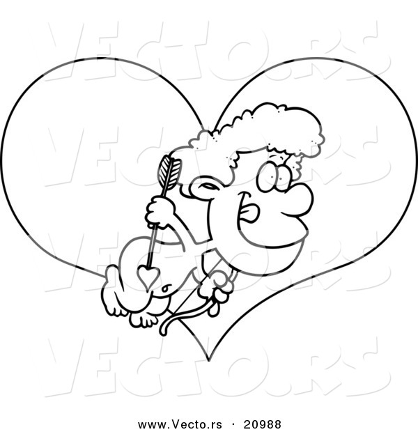 Vector of a Cartoon Cupid Boy over a Heart - Coloring Page Outline
