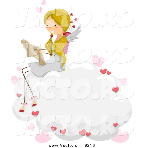 Vector of a Cartoon Cupid Girl Reading a Love Letter on a Cloud