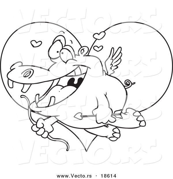 Vector of a Cartoon Cupid Hippo over a Heart - Outlined Coloring Page