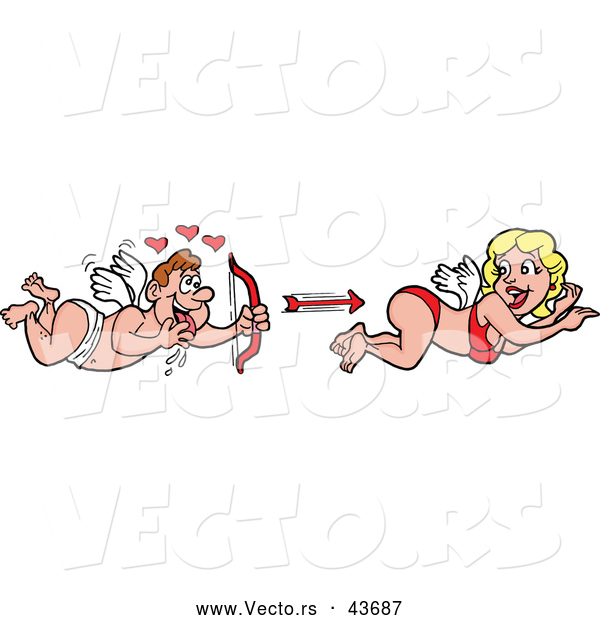Vector of a Cartoon Cupid Man Chasing and Shooting an Arrow at a Pretty Cupid Girl